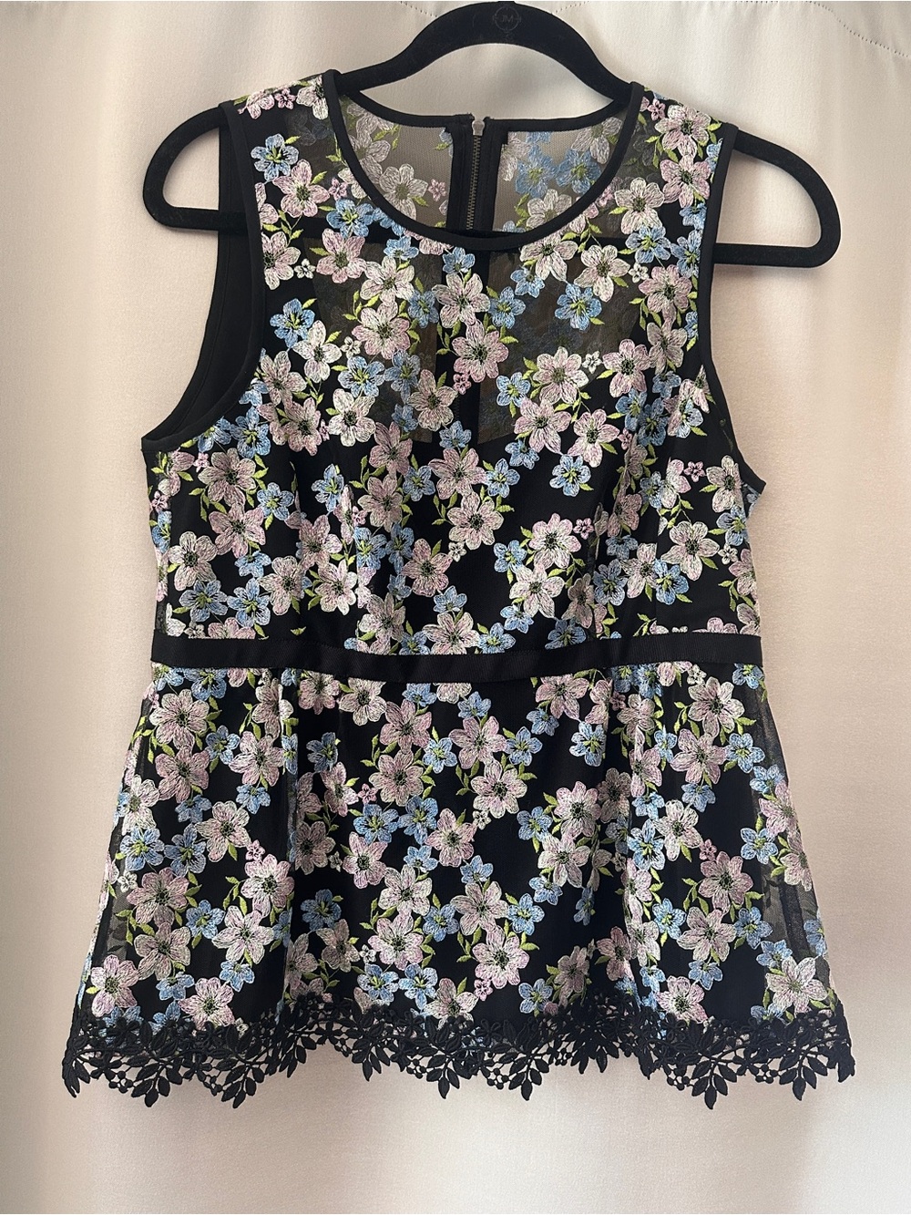 Nanette Lepore Black Floral Embroidered Peplum Top with Pink and Blue Flowers